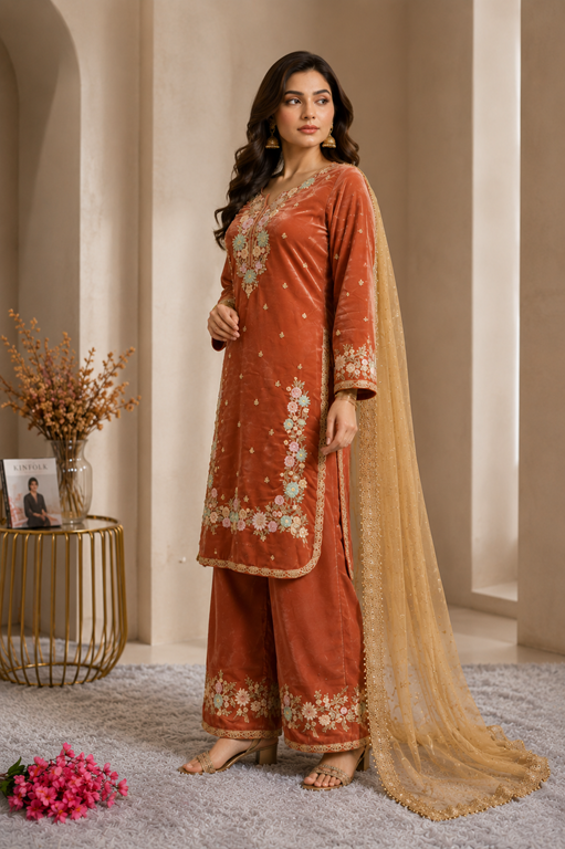 Women's Silk Embroidered 3/4th Sleeve Round Kurti With Palazzo Pant and Dupatta Set (Orange)      A3512222215_L