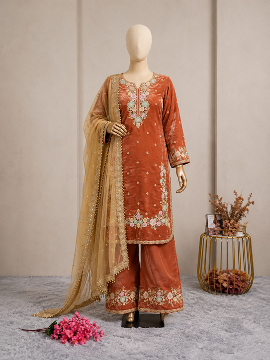 Women's Silk Embroidered 3/4th Sleeve Round Kurti With Palazzo Pant and Dupatta Set (Orange)      A3512222215_L