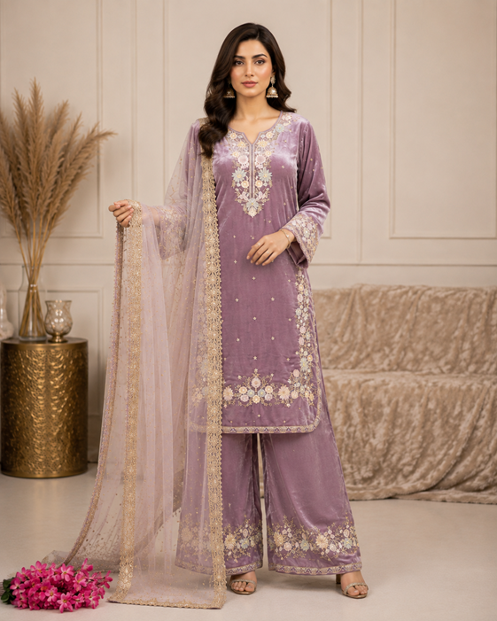 Women's Silk Embroidered 3/4th Sleeve Round Kurti With Palazzo Pant and Dupatta et (Lavender) A3512222216_L