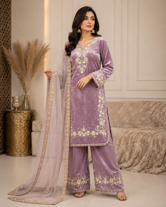 Women's Silk Embroidered 3/4th Sleeve Round Kurti With Palazzo Pant and Dupatta et (Lavender) A3512222216_L