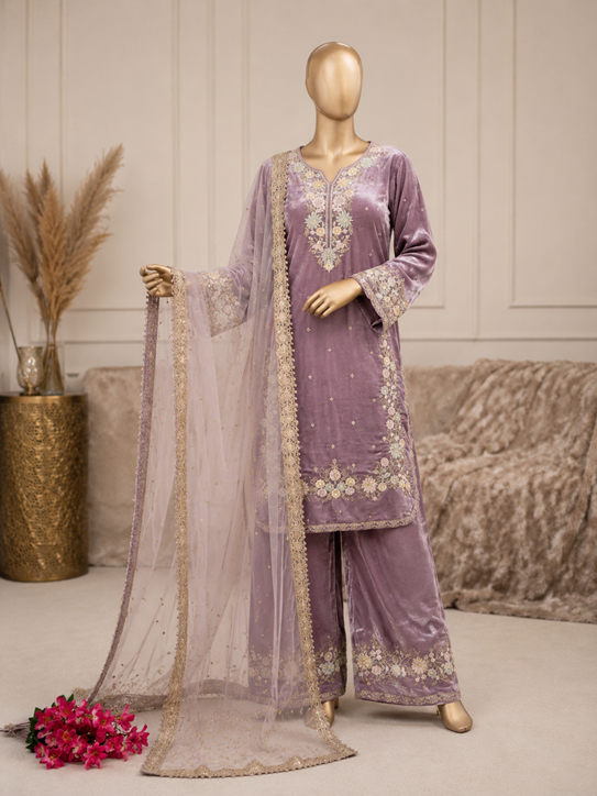 Women's Silk Embroidered 3/4th Sleeve Round Kurti With Palazzo Pant and Dupatta et (Lavender) A3512222216_L