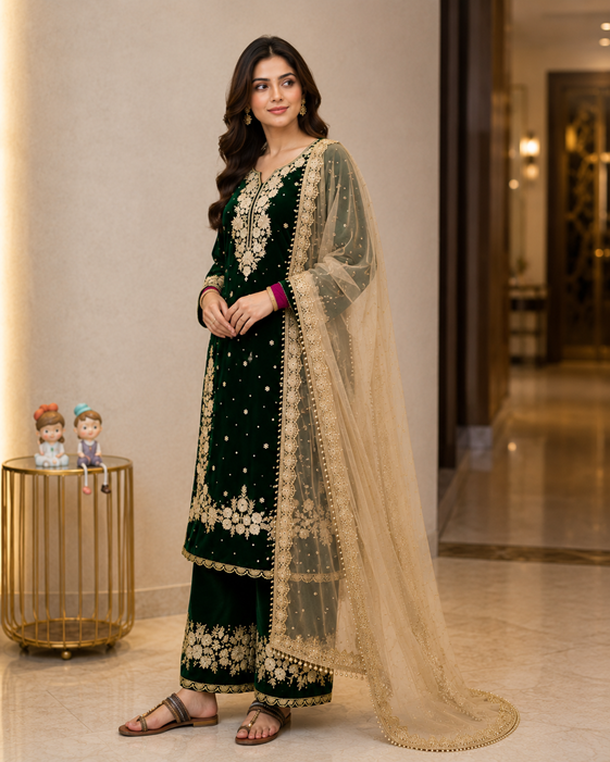 Women's Silk Embroidered 3/4th Sleeve Round Kurti With Palazzo Pant and Dupatta Set (Dark Green)       A3512222214_L