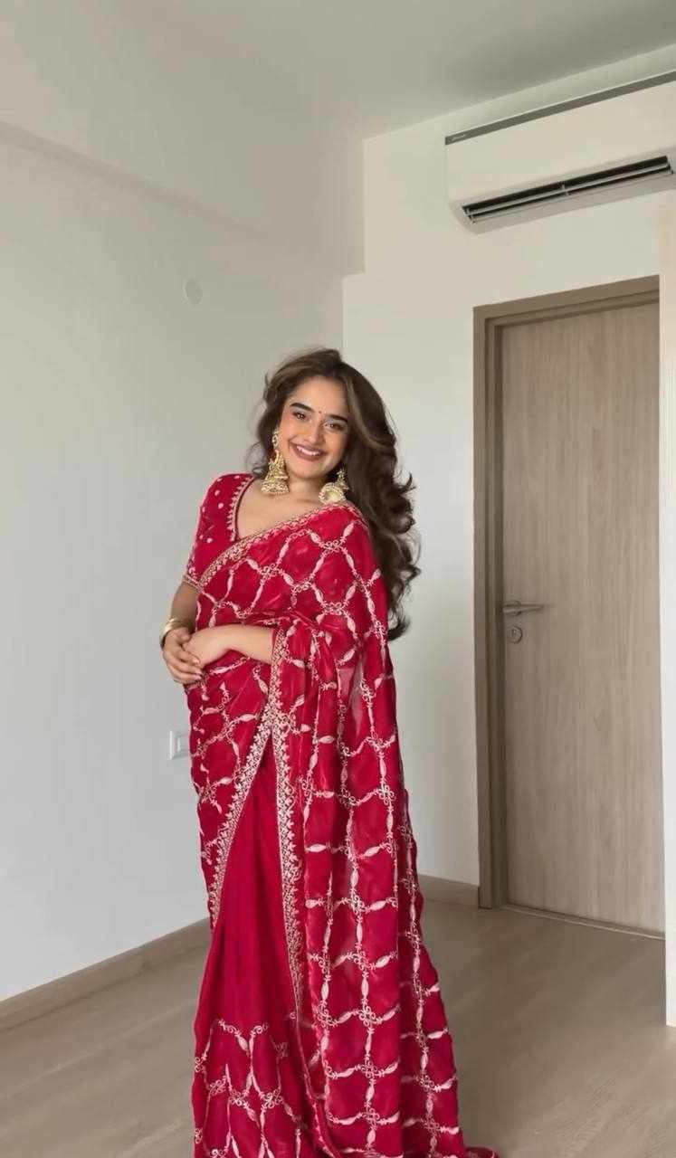 Royal Red Embroidered Party Wear Saree