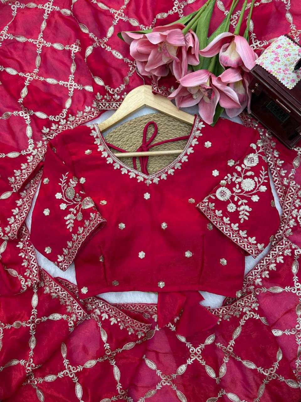 Royal Red Embroidered Party Wear Saree
