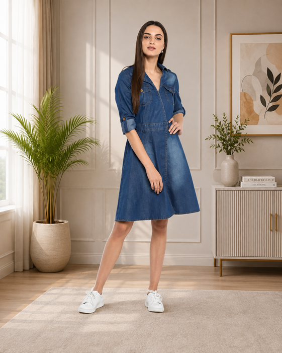 Women's Denim Solid Roll Up Sleeve Dress (Blue)