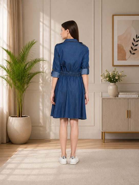 Women's Denim Solid Roll Up Sleeve Dress (Blue)