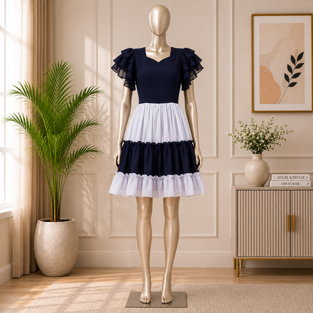 Women's Georgette Solid Half Sleeve Gown (Blue-White)        BSB212BYYYWht_Gwn_L