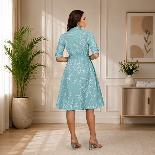 Women's Ruby Cotton Printed Shirt Collar 3-4th Sleeve Dress (Pista)