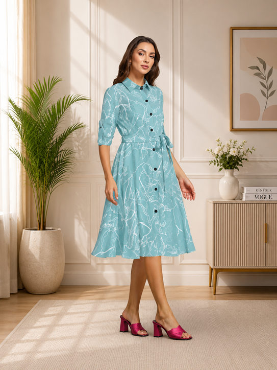 Women's Ruby Cotton Printed Shirt Collar 3-4th Sleeve Dress (Pista)