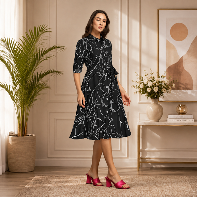 Women's Ruby Cotton Printed Shirt Collar 3-4th Sleeve Dress (Black) BSB71NYYYP_1551_Blk_L