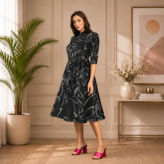 Women's Ruby Cotton Printed Shirt Collar 3-4th Sleeve Dress (Black) BSB71NYYYP_1551_Blk_L