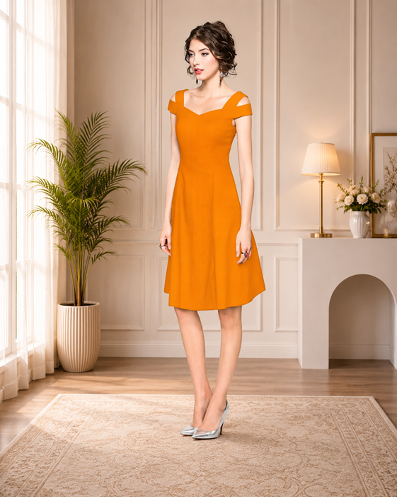 Women's Polyester Solid V Neck Cap Sleeve off Shoulder Dress (Yellow)        BSB71NYYYP_D_205_Ylw_L