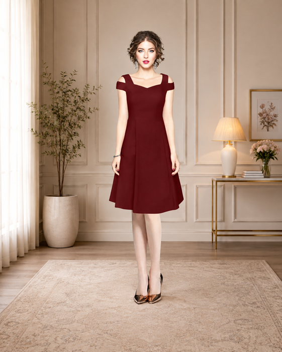 Women's Polyester Solid V Neck Cap Sleeve off Shoulder Dress (Maroon) BSB71NYYYP_D_202_Mron_L