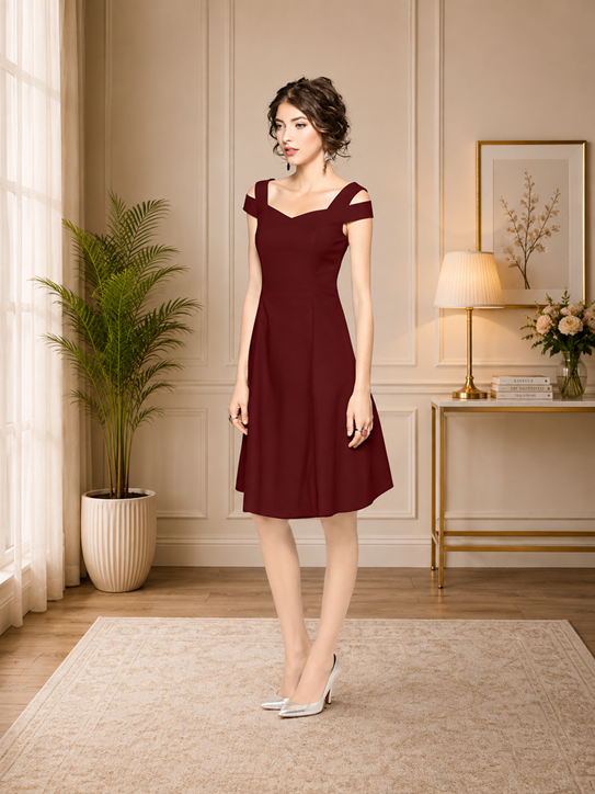 Women's Polyester Solid V Neck Cap Sleeve off Shoulder Dress (Maroon) BSB71NYYYP_D_202_Mron_L