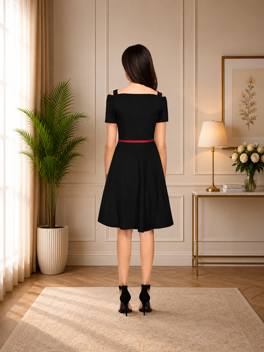 Women's Polyester Solid V Neck Cap Sleeve Dress (Black)        BSB71NYYYP_D_61_Blk_L