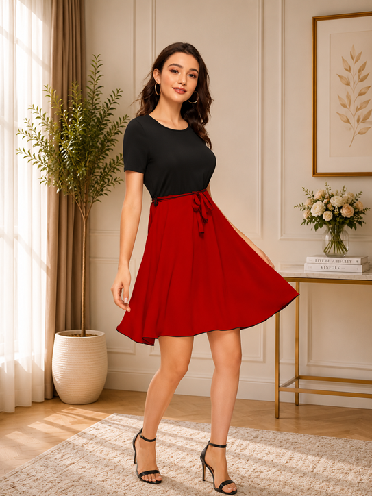 Women's Knitting stretchable Solid Round Neck Cap Sleeve Dress (Red)       BSB71NYYYP_D_814_Red_L