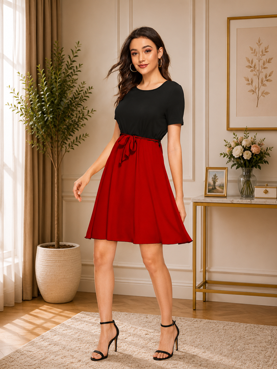 Women's Knitting stretchable Solid Round Neck Cap Sleeve Dress (Red)       BSB71NYYYP_D_814_Red_L