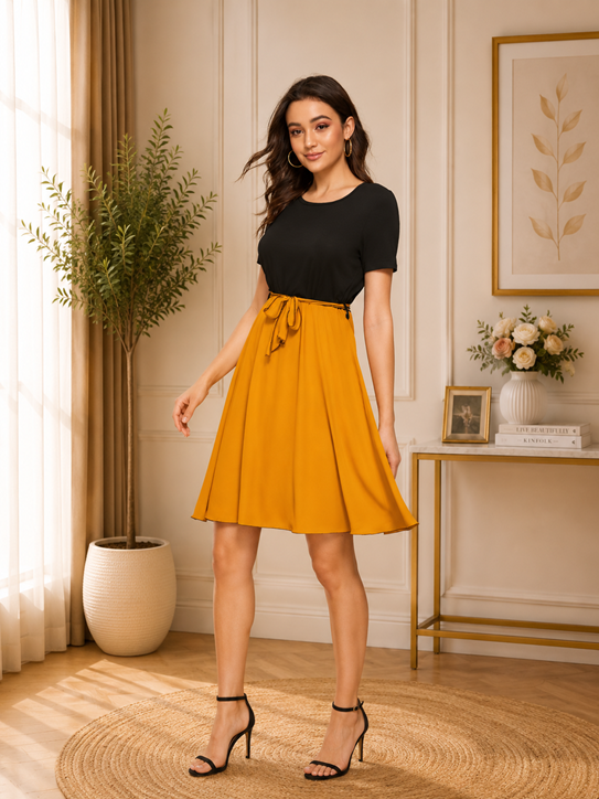 Women's Knitting stretchable Solid Round Neck Cap Sleeve Dress (Yellow)       BSB71NYYYP_D_815_Ylw_L