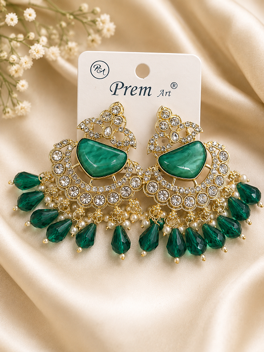Royal Emerald Green Kundan Chandbali Earrings with Crystal & Beaded Drops