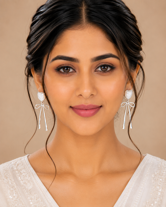 Elegant Silver Heart Bow Drop Earrings