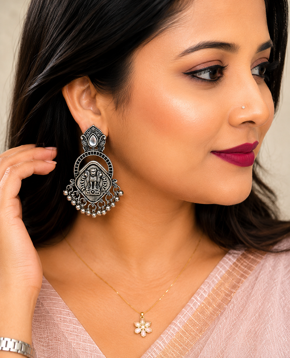 Antique Silver Indian Emblem Statement Earrings