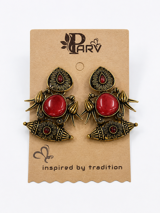 Antique Gold Red Stone Statement Earrings