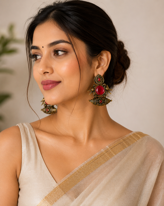 Antique Gold Red Stone Statement Earrings
