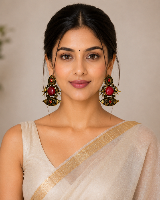 Antique Gold Red Stone Statement Earrings