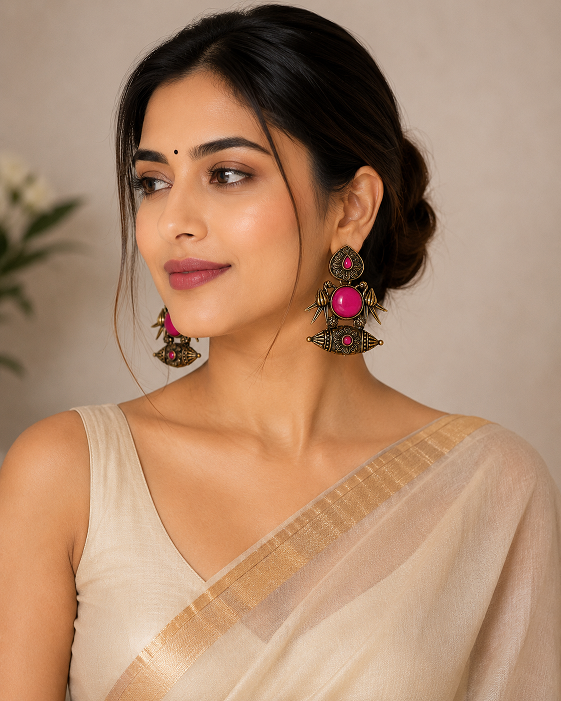 Antique Gold Magenta Stone Statement Earrings