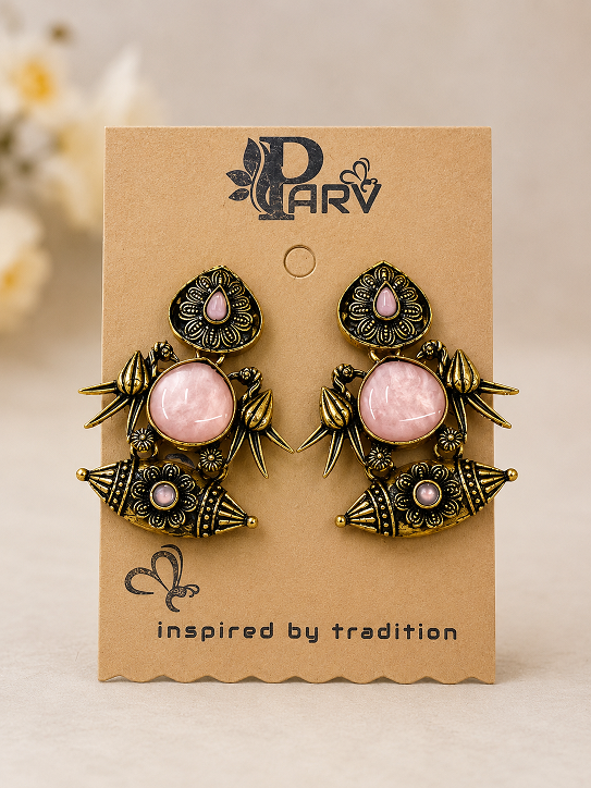 Antique Gold Pink Stone Statement Earrings