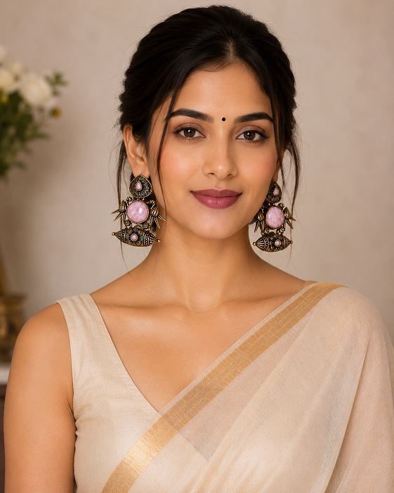 Antique Gold Pink Stone Statement Earrings