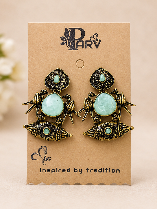 Antique Gold Mint Green Stone Statement Earrings