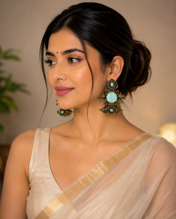 Antique Gold Mint Green Stone Statement Earrings