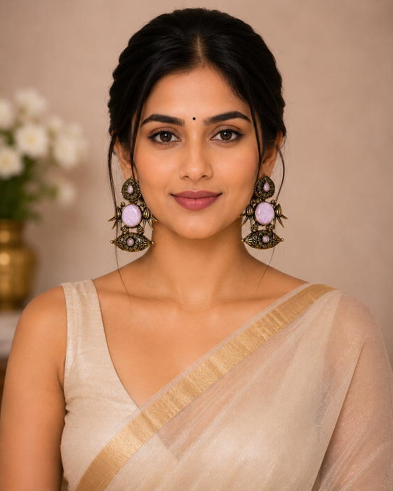 Antique Gold Lavender Stone Statement Earrings