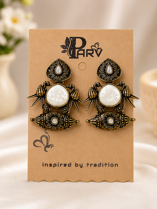 Antique Gold Pearl White Stone Statement Earrings