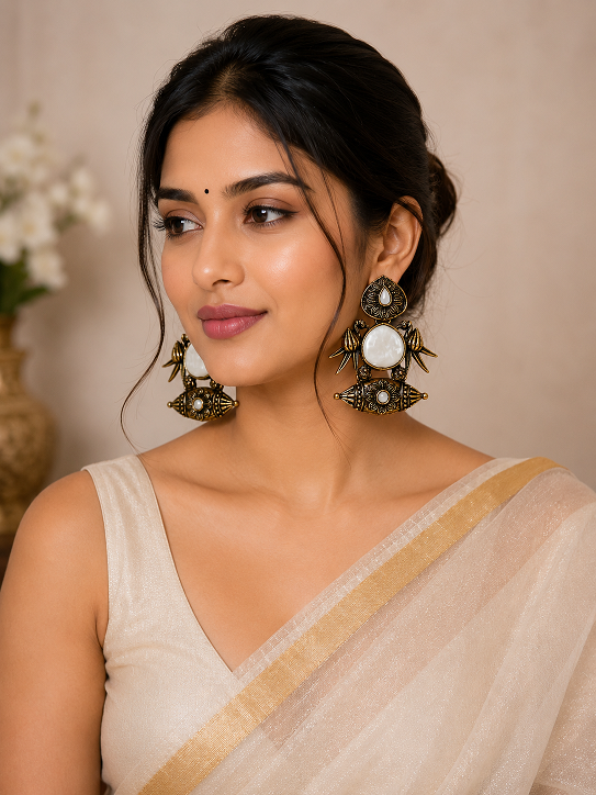 Antique Gold Pearl White Stone Statement Earrings