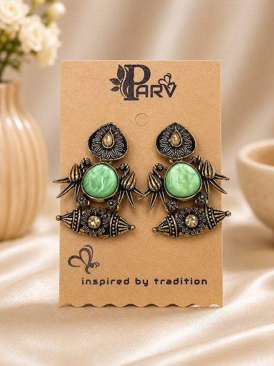 Antique Gold Mint Green Stone Statement Earrings