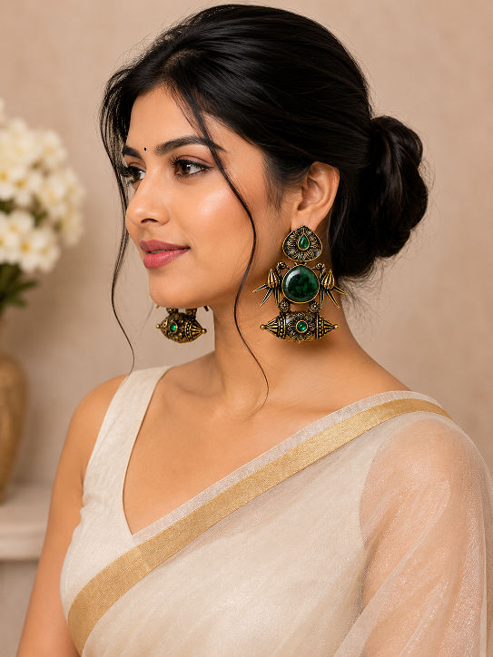 Antique Gold Emerald Green Stone Statement Earrings
