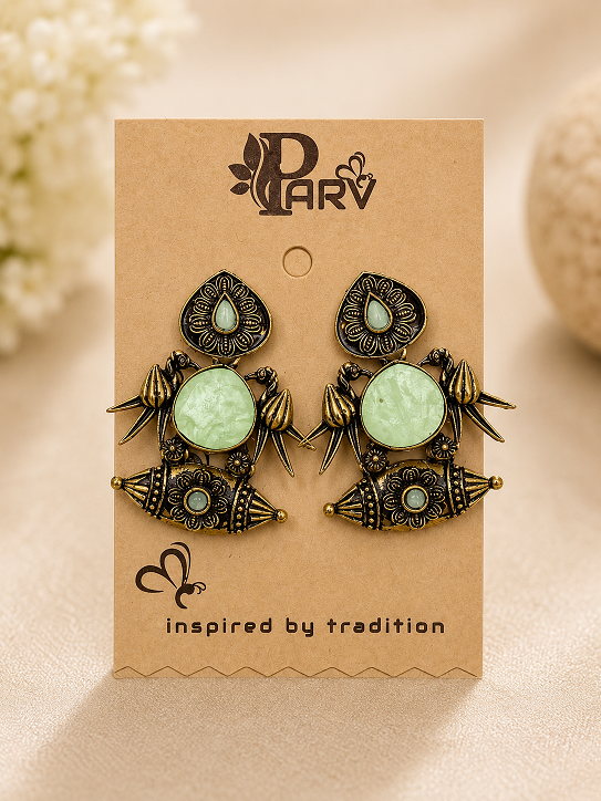 Antique Gold Light Green Stone Statement Earrings