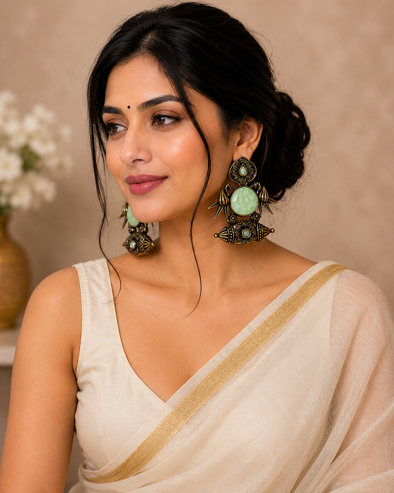 Antique Gold Light Green Stone Statement Earrings