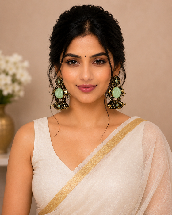 Antique Gold Light Green Stone Statement Earrings