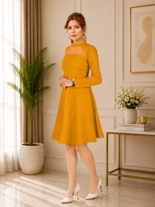 Women's Knitting stretchable Solid Round Neck Full Sleeve Dress (Yellow) BSB71NYYYP_D_585_Ylw_L