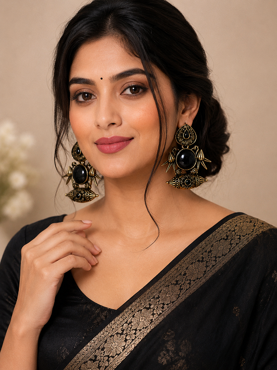 Antique Gold Black Stone Statement Earrings