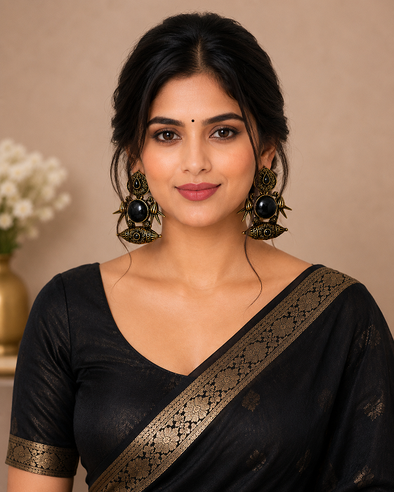 Antique Gold Black Stone Statement Earrings
