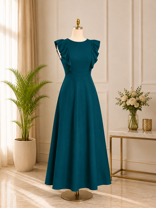 Women's Knitting stretchable Solid Round Neck Ruffled Sleeve Dress (Morpich)        BSB71NYYYP_D_1499_Mrpch_L