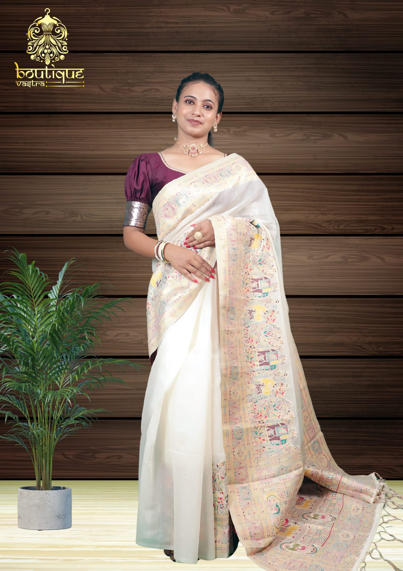 White Color Kani Pashmina Silk Saree - Image 2