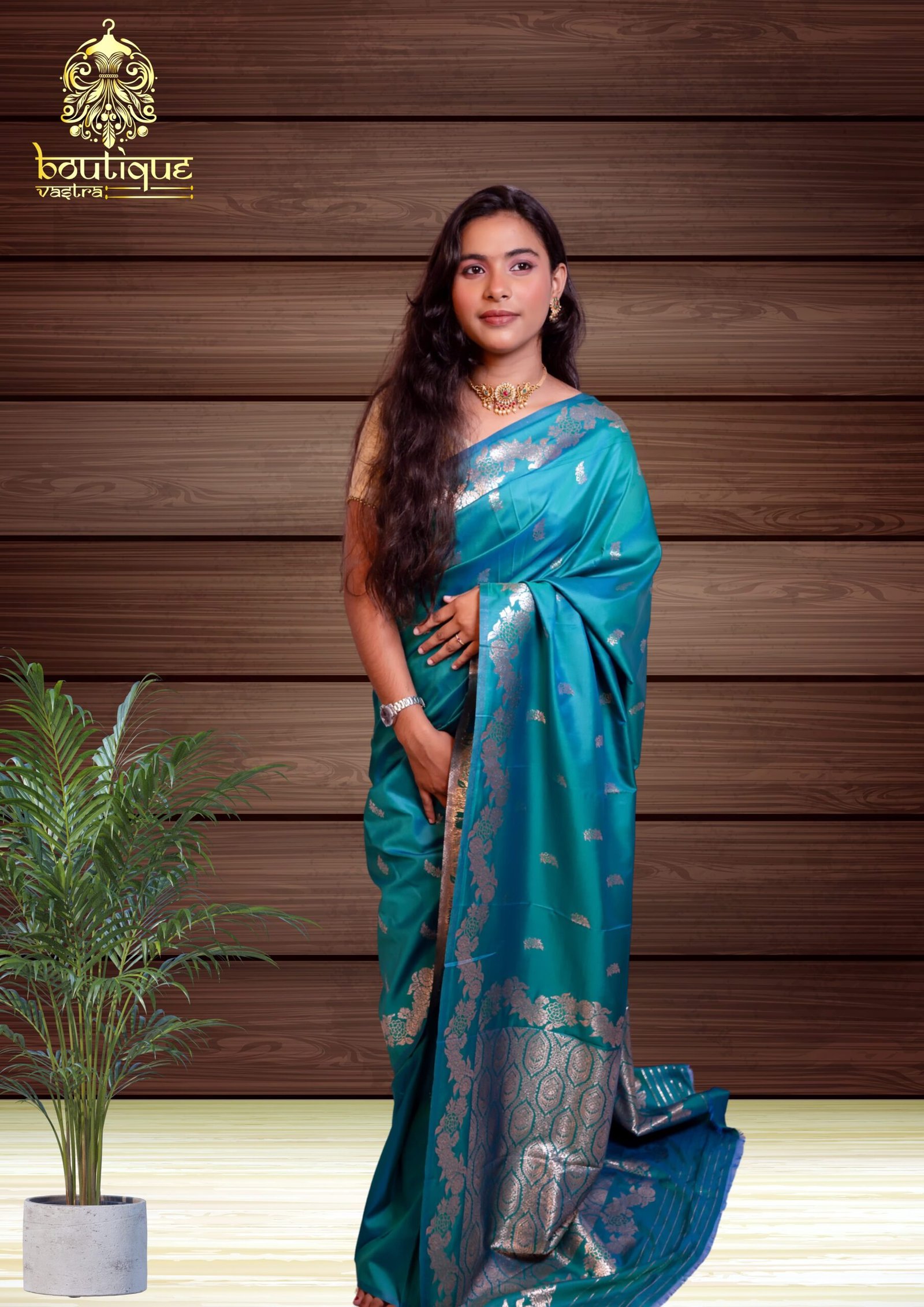 Peacock Color Open Border Katan Silk