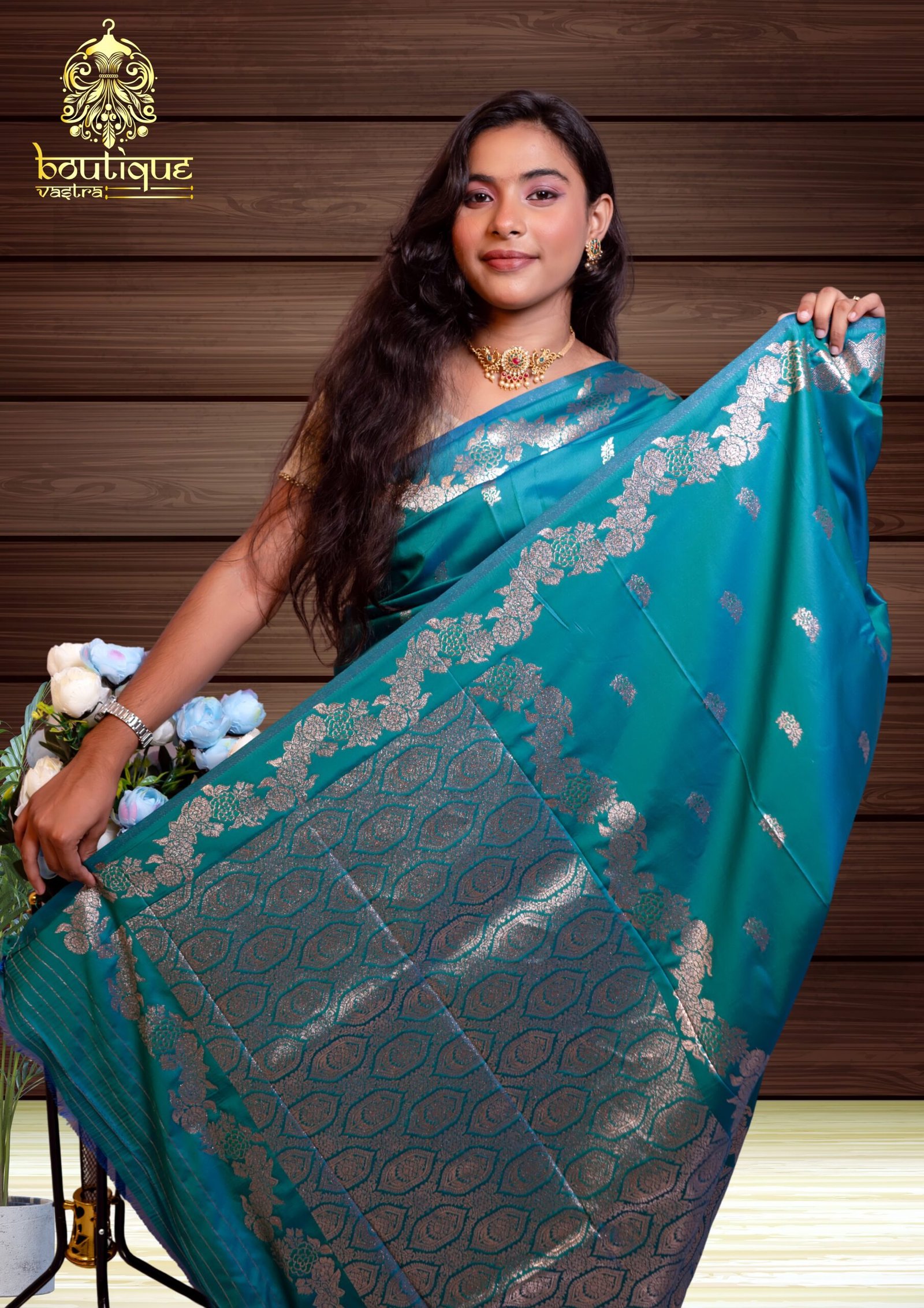 Peacock Color Open Border Katan Silk - Image 3