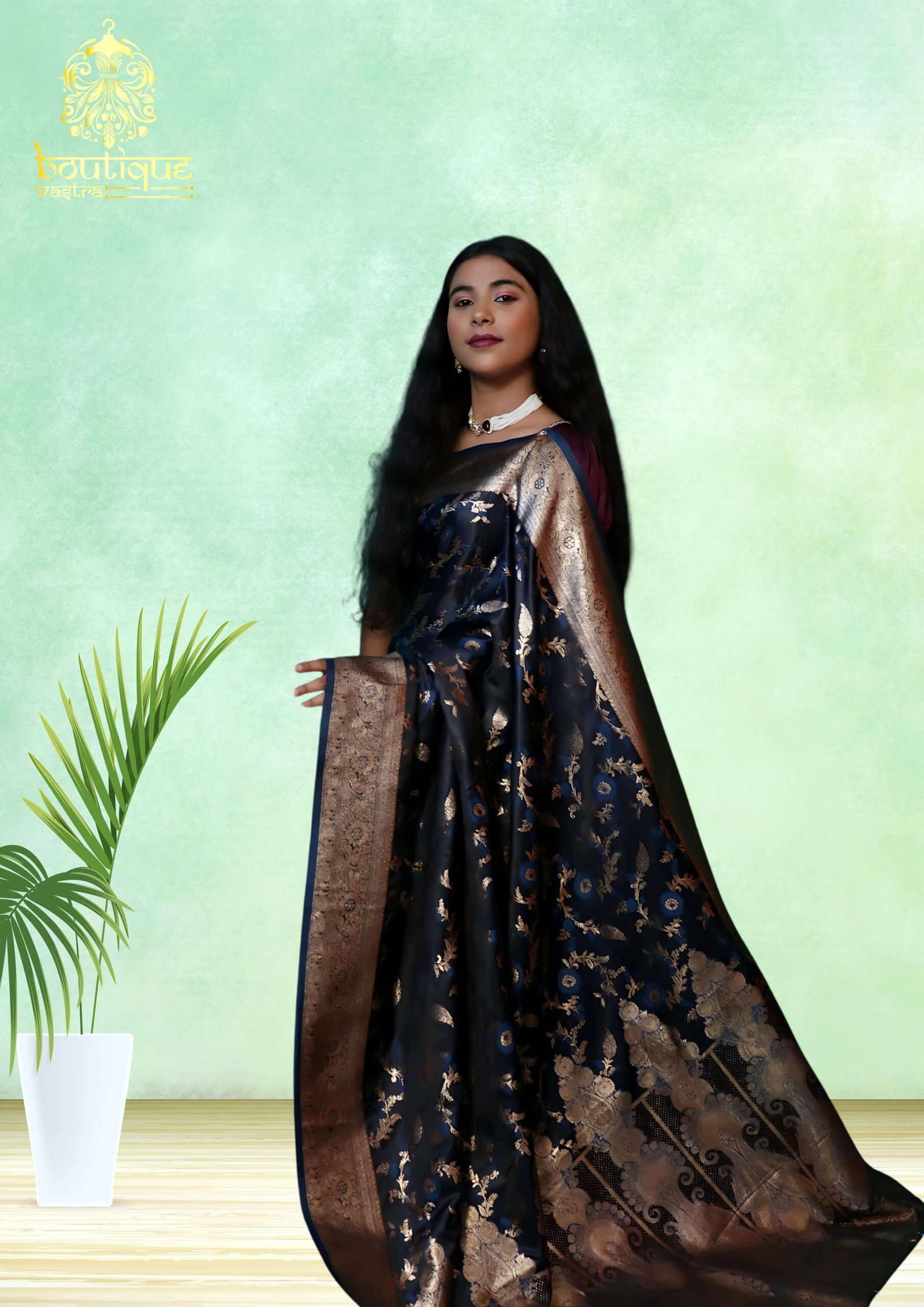 Copper Sulphate Blue and Black Dual Tone Mashru Saree - Image 2
