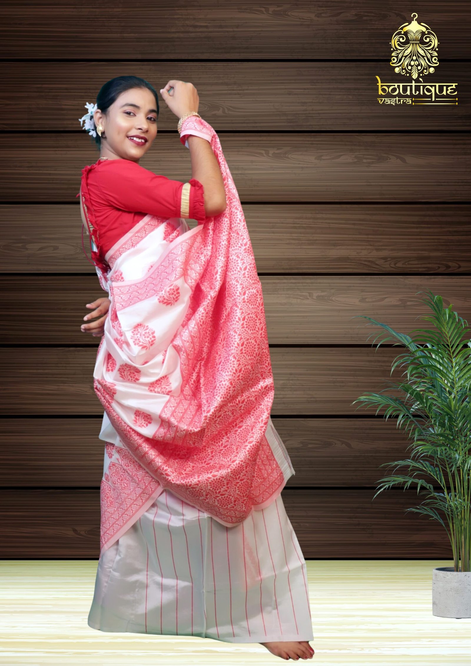 White And Red Designer Pure Bengali Silk Saree - Image 2